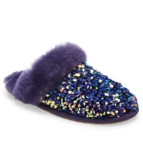Sequin Fur Women's Slippers - Purple and Gold - Picture 1 of 8